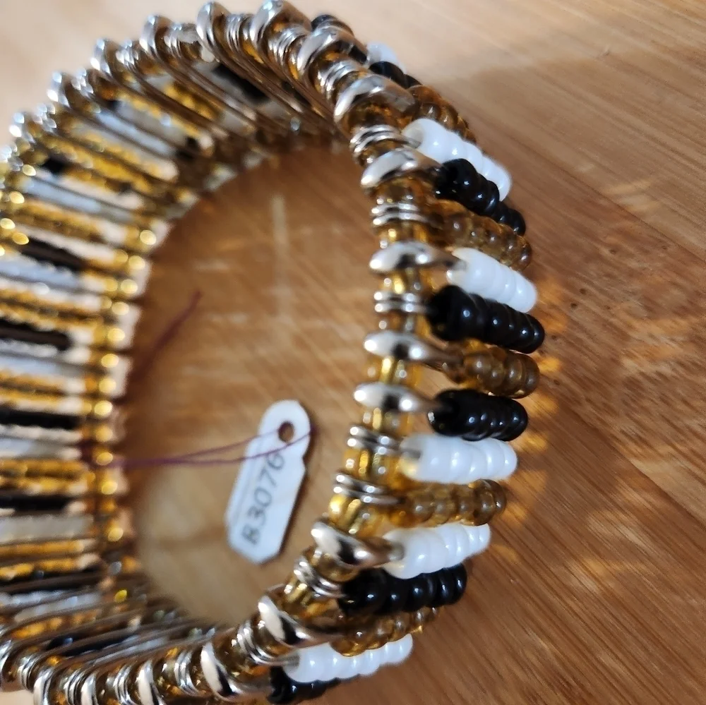 Hand Crafted Bracelet Safety Pins Black White Amber Stretch
